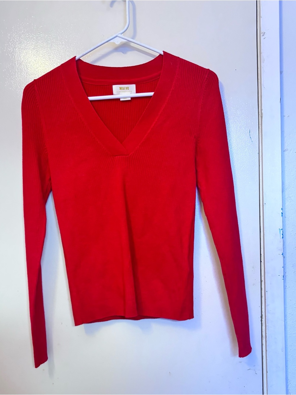 Anthropologie Maeve Vibrant Red Ribbed V-Neck Top
